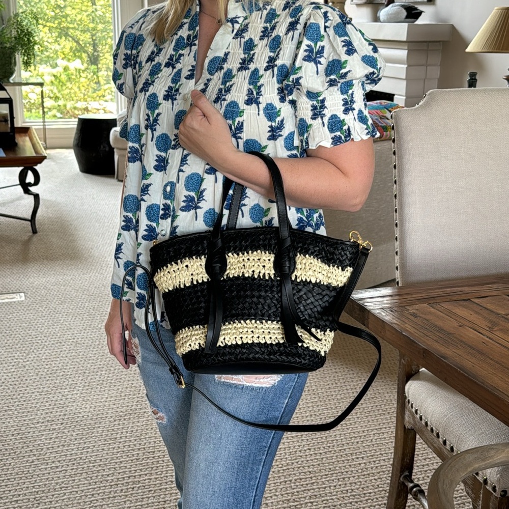 Woven Straw Accent Black Mini Tote - Picture 6 of 6